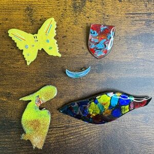 Vintage 70’s Enamel on Copper Brooch Bundle Modernist Pelican Butterfly Moon